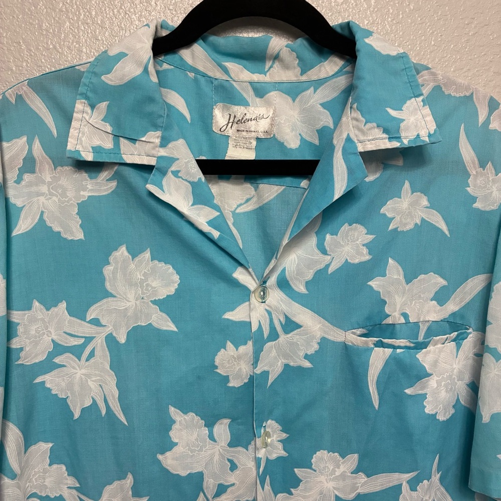 VTG Helena’s Hawaiian Shirt Blue White Floral‎ Made in Hawaii Y2K